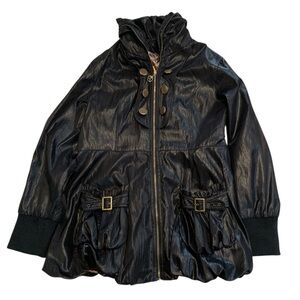 Black Shiny Utility Jacket with Camo Lining & Gold Hardware – Size 15 (Large)